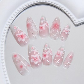 Pink Flower Press on Nails Medium Almond Tip Artificial Acrylic Nail 3D Colorful Gradient Floral with Rhinestones Bow Stick on Nail Full Cover Reusable Coffin Artificial Fingernails for Women 24Pcs