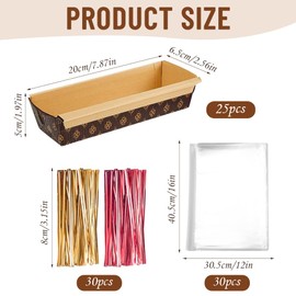 FDKYOEK - 25 sartenes de papel de 8 x 2.5 x 2.5 pulgadas para hornear, sartenes desechables de 1 libra con bolsas de embalaje de plástico transparente y corbatas, bandeja de pan de papel rectangular