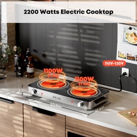 BoKinbo Electric Cooktop, Dual 2200 Watts Infrared Burner, 2 Burner Electric Hot Plate for Cooking, Knob Control Countertop & Built-in Ceramic Cooktop, Overheat Protection Cooktop for Dorm, Kitchen
