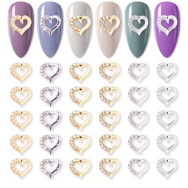 SILPECWEE 30pcs Heart Nail Charms for Valentine's Day 3D Silver Gold Nail Jewels Nail Rhinestone Crystal Nail Pearl Hollow Nail Studs Diamond for Nails DIY Nail Decorations Nail Art Accessories