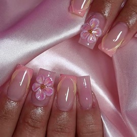 Flower Press On Nails French Tip Medium Square Pink Fake Nails With 3D Flowers Line Designs Gradient Spring False Nails Full Cover Acrylic Artificial Glue Stick On Nails For Women DIY French Manicure