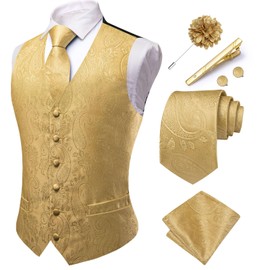 Hi-Tie Formal Mens Gold Waistcoat Jacquard Paisley V-neck Suit Vest Silk Tie and Pocket Square Set for Wedding
