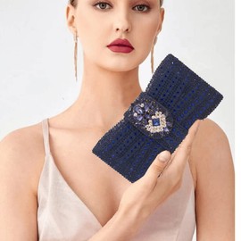Bolso de noche con lazo brillante para mujer, bolso de mano plateado para mujer, boda, chaliwini con diamantes de imitación, Azul oscuro