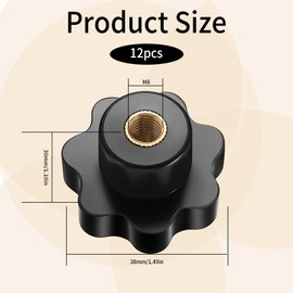 Pack of 12 M8 star screws, thumb screw OD 38 mm, star handle screws, wing nuts, star grip nuts, knurled nuts, star knurled screws, furniture handle thumb screws, black