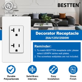 BESTTEN 10 Pack 20 Amp Decorator Wall Receptacle Outlet, Non-Tamper-Resistant, 20A/125V/2500W, Residential and Commercial Use, UL Listed, White