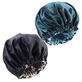 Satin Bonnet Silk Bonnet for Sleeping, Hair Bonnet for Sleep Wrap for Sleeping, Bonnet for Curly Women Silky Bonnets for Natural Hair (Blue Zircon and Black)