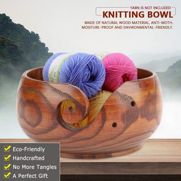 RoseFlower 6.3 Inch Wooden Yarn Bowl with Carved Holes and Holes -Wood Yarn Holder Knitting Storage Bowl Utensil Holder for Knitting or Crochet Wool Sewing