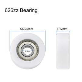 sourcing map 6Pcs Ball Bearing Guide 8x32x12mm Double Shielded Nylon Roller Bearings, Flat Pulley Wheel for Furniture, Hardware Accessories, White