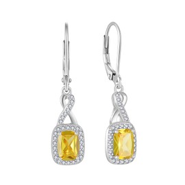 FJ Infinity Hanging Earrings Women's 925 Sterling Silver Princess Cut Square Earrings Birthstone Jewellery Gifts for Women, Sterling Silver Cubic Zirconia, Citrine