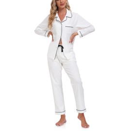 COLORFULLEAF 100% Cotton Pyjamas for Women Nightwear, Long Sleeve Button Down Pjs Set with Pockets, Two Piece Lounge Wear Sets for Ladies(White,M)