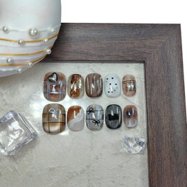 Short Square Press on Nails Handmade False Nails with 3D Designs/Charms, Cute Reusable Fake Stick on Acrylic Tips (Bowknot Chocolate, Small)