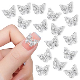 SILPECWEE 30pcs 3D Butterfly Nail Charms Rhinestone Silver Alloy Nail Art Charms Nail Butterflies Crystal Nail Gems Metal Nail Studs Nail Jewels Decorations for Acrylic Nails