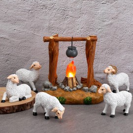Barydat 6 Pcs Christmas Nativity Animals Set, 5 Inch White Sheep Animals Figurines Christmas LED Light up Nativity Collection Village Accessory Lighted Campfire Hand Sculpted and Painted Nativity Sets