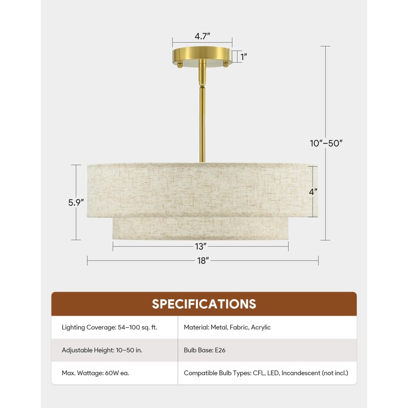 VONLUCE Modern Chandeliers, 18" Drum Chandeliers with 2-Layer Fabric Shade,