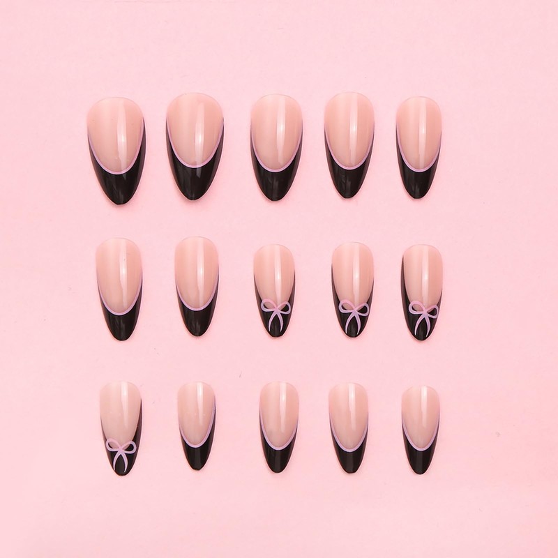 Almond False Nails - 24Pcs Black Nails French Tip -