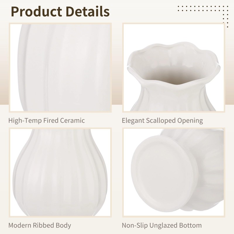 White Wavy Edge Ceramic Vase, Modern Ribbed Flower Vase for