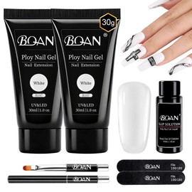 BQAN Poly Nail Gel, 2 Pcs Clear Poly Extension Gel (30ml) with Slip Solution & Brush, for Long-Lasting Nail Extensions | Builder | Salon-Quality DIY & Home Use (White)