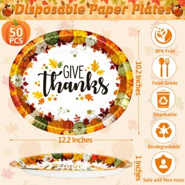 QZYL 50 Pcs Thanksgiving Plates, 12.2 x 10.2 Inches Disposable Heavy Duty Paper Plates, Oval Thanksgiving Disposable Plates Autumn Dinnerware Set, Fall Harvest Banquet Decor Holiday Party Supplies