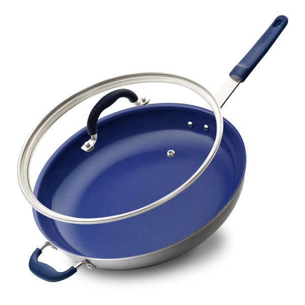 NutriChef 14" Fry Pan With Lid - Extra Large Skillet Nonstick Frying Pan with Silicone Handle, Ceramic Coating, Blue Silicone Handle, Stain-Resistant And Easy To Clean, Professional Home Cookware