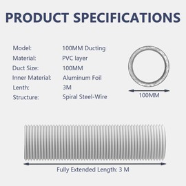ShnminEU Exhaust Hose 100 mm White Length 3 m Flexible PVC Aluminium Pipe Ventilation Hose with 2 Stainless Steel Hose Clips and 5 m Aluminium Foil Tape for Tumble Dryer Extractor Hood Mobile Air
