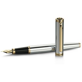 BEILUNER Silver Chrome Fountain Pen,Stunning Luxury Pen,24K Gilded Nib(Fine)