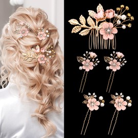 5 Pcs Bridal Wedding Hair Pins Pink Flower Hair Pins Hair Side Combs Floral Hair Pins Crystal Pearl Hair Clips Flower Headpiece Vintage Wedding Pink Hair Accessories for Brides Bridesmaids Women Girls