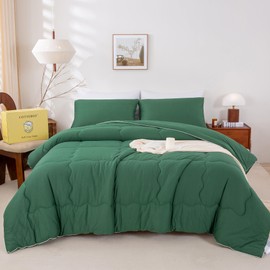 COTTEBED Forest Green Comforter Queen Size, Jersey Knit Cotton T-Shirt Feel Ultra-Soft Cute Cozy Lightweight Bedding Blanket Quilt Down Set & Pillowcase All Season Use Emerald Hunter Green,Full/Queen