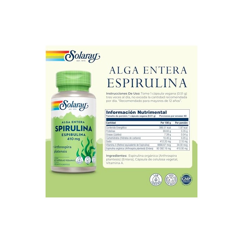 Solaray, SpirulinaEspirulina 410 mg, 60 cápsulas, Vegano, sin OGM