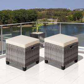 LDAILY Moccha 2 Pieces Patio Outdoor Ottoman, All Weather Rattan Patio Ottoman Set w/Removable Cushions, Footrest Seat Outdoor Footstool (Mix Grey + White)