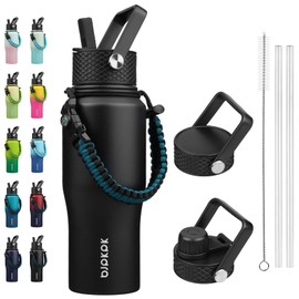 BJPKPK Insulated Water Bottles with Straw Lid, 23oz Metal Water Bottle with 2 lids & Paracord Strap, Double Wall Stainless Steel Vacuum Tumblers, Cups, Mugs, Thermos for Hot& Cold Drinks, Black