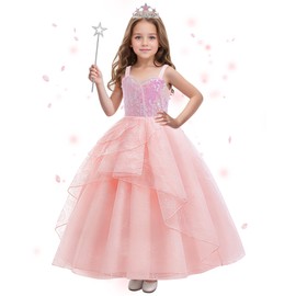 keaiyouhuo Girls Pink Bubble Costume for Kids Pink Witch Tulle Dress Princess Sequins Outfits with Accessories