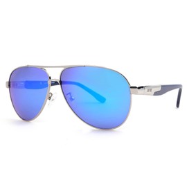 JUST GO Aviator Style Polarized Sunglasses with Zipper Case for Men and Women, Silver Frame, Blue Revo Lenses
