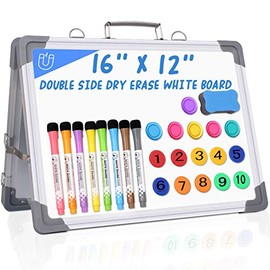 12" X 16" Small Dry Erase White Board, Double Sided Magnetic Dry Erase Board with Holder and 10 Digital Magnets Beads , 8 Pens, 6 Magnets & 1 Eraser Foldable Desktop Whiteboard for School Home Office