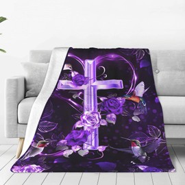 Purple Cross Blanket Christian Religious Cross Decor Throw Blanket Hummingbird Faith Catholic Blanket Gifts for Women Men Winter Super Warm Soft Plush Fleece Flannel Blanket for Adults Kids 50"X40"