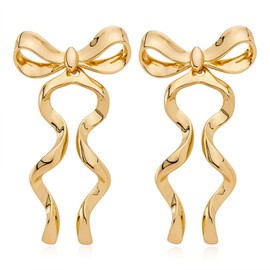 CUFELMU Gold Bow Dangle Earrings for Women Long Ribbon Bow Earrings Bowknot Drop Dangle Earrings Trendy Bow Jewelry