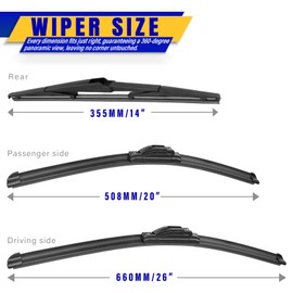 3 wipers Replacement for 2017-2021 2022 2023 2024 Chrysler Pacifica, Windshield Wiper Blades Original Equipment Replacement - 26"/20"/14" (Set of 3) U/J HOOK
