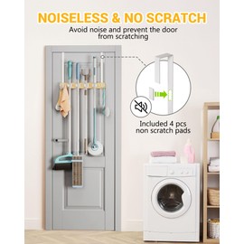 Lorbro Broom Holder Door Mount, Over the Door Broom and Mop Holder with 2 Over Door Hooks, Wood Broom Hanger, Tool Rack Organizer for Laundry, Garage, Closet, Kitchen Decor, 4 Slots & 4 Hooks Rustic