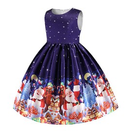 Girls Christmas Dress Fancy Santa Snowman Christmas Tree Festival Dress 8-9Years Purple