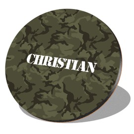 1 x Round Coaster - Name Christian Camouflage Army Military Letter Lettering Initial Cork Backed MDF Glossy Tea Coffee Accessory #270112