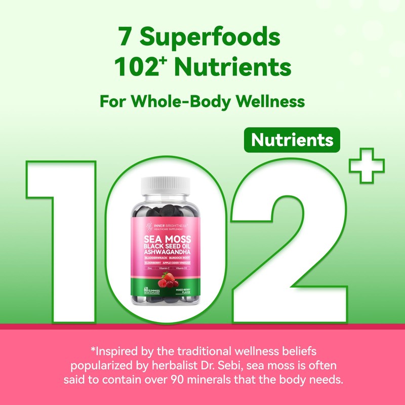 Inner Brightness Sea Moss 4000mg Gummies with Ashwagandha, Elderberry, Apple