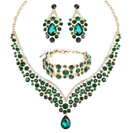 chaoyite Women's Statement Necklace Earrings Link Bracelet Set for Bride Austrian Crystal Wedding Bridal Costume Jewelry Sets, Metal, Crystal Rhinestone