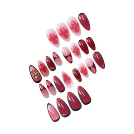 Pink Press on Nails Medium Almond Fake Nails with Rhinestone Flower Charm Design Ombre Pink False Nails Star French Tips Stick on Nails Reusable Summer Glue on Nails for Women Girls Manicure 24Pcs