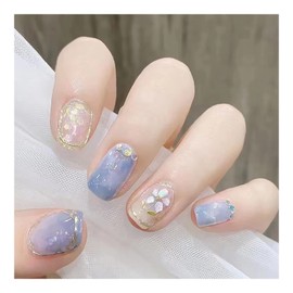 Domiya Nail Tip, 3D Nails, 24 Pieces, Very Short, Popular, Nail Stickers, Cute False Nails, Short, Round Tip, Fashion Nail (Blue Smoke Rain)