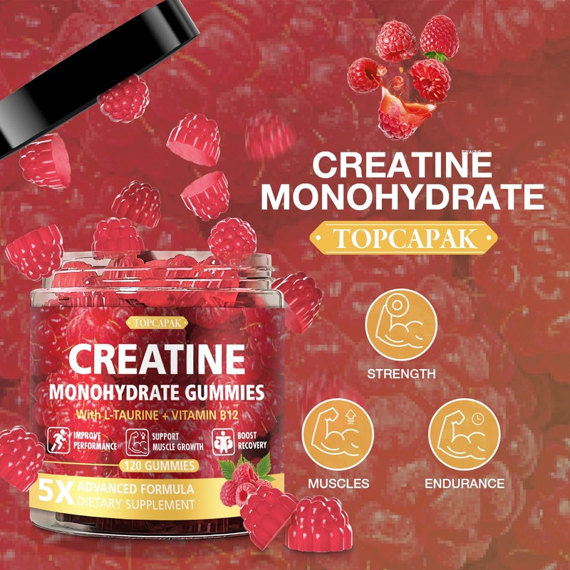TOPCAPAK Creatine Gummies for Men & Women, Raspberry Flavor, 120