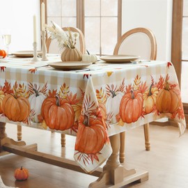 Softalker Fall Tablecloth Rectangle 60x84 Inch, Thanksgiving Autumn Harvest Pumpkin Buffalo Plaid Decoration Table Cloth, Stain Resistant Table Cover for Party/Dining/Holiday, Orange Checkered