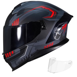 MXJ Gear Motorcycle Helmet,Motorcycle Dual Visor Flip up Modular Full Face Helmet JR-815,DOT Approved Motorbike Helmet with 2 Visors for Adults Men Women(XXL,Matte Red Evolve)