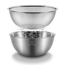 WAGENSTEIGER Stainless Steel Mixing Bowl and 3-Legged Colander Set, Multipurpose Kitchen Basket with Fine Mesh Colander, Salad Mixing Bowl with Strainer, Rinsing Vegetables & Fruits (22cm / 8.66")