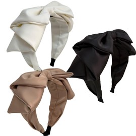 Jseng 3Packs Knotted Headbands for Women, Bow Headbands, Satin Bandana, Cute Rabbit Ear Hairbands Beige, Khaki, Black