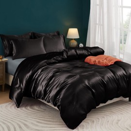 Horbaunal 5 Pieces Satin Duvet Cover Set King Size Black Duvet Cover with Corner Ties & Zipper Closure, Luxury & Silky Bedding Set, 1 Duvet Cover and 4 Pillowcases (No Comforter)