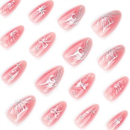 Almond Press on Nails Medium Fake Nails 3D Water Ripple Nails Press ons Glossy Glue on Nails Cute Acrylic Nails with Butterfly Bow & Pearl Designs Pink Artificial Stick on Nails for Women 24Pcs